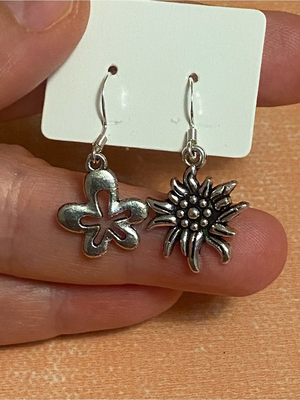 Mismatched Silver Floral Dangle Earrings - Flower & Sunburst Charms